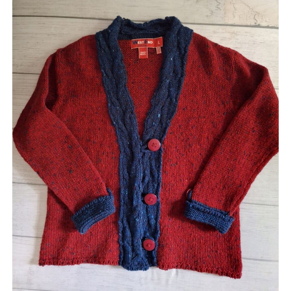 Womens West End Ireland 100% Wool Red Cardigan Sweater cottage granniecore L
